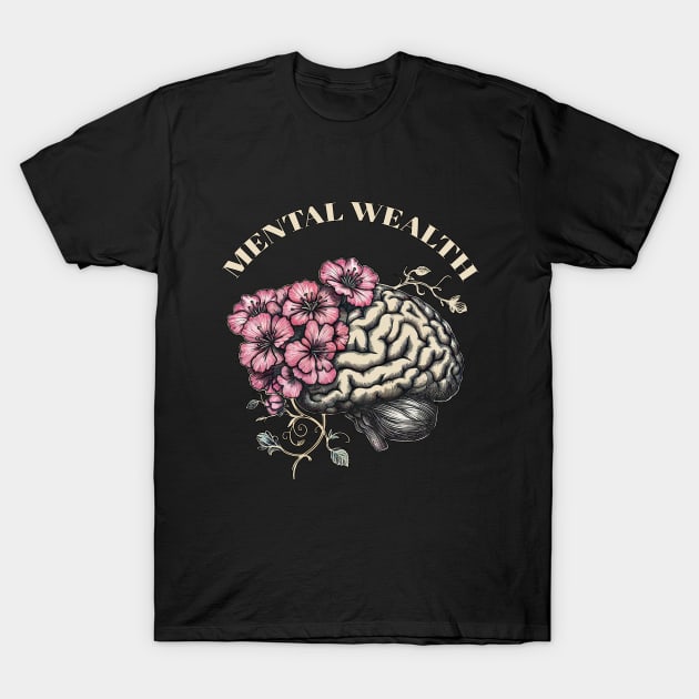 Mental Wealth, Brain mental health psychology, pink flowers,anatomy watercolor art T-Shirt by Collagedream